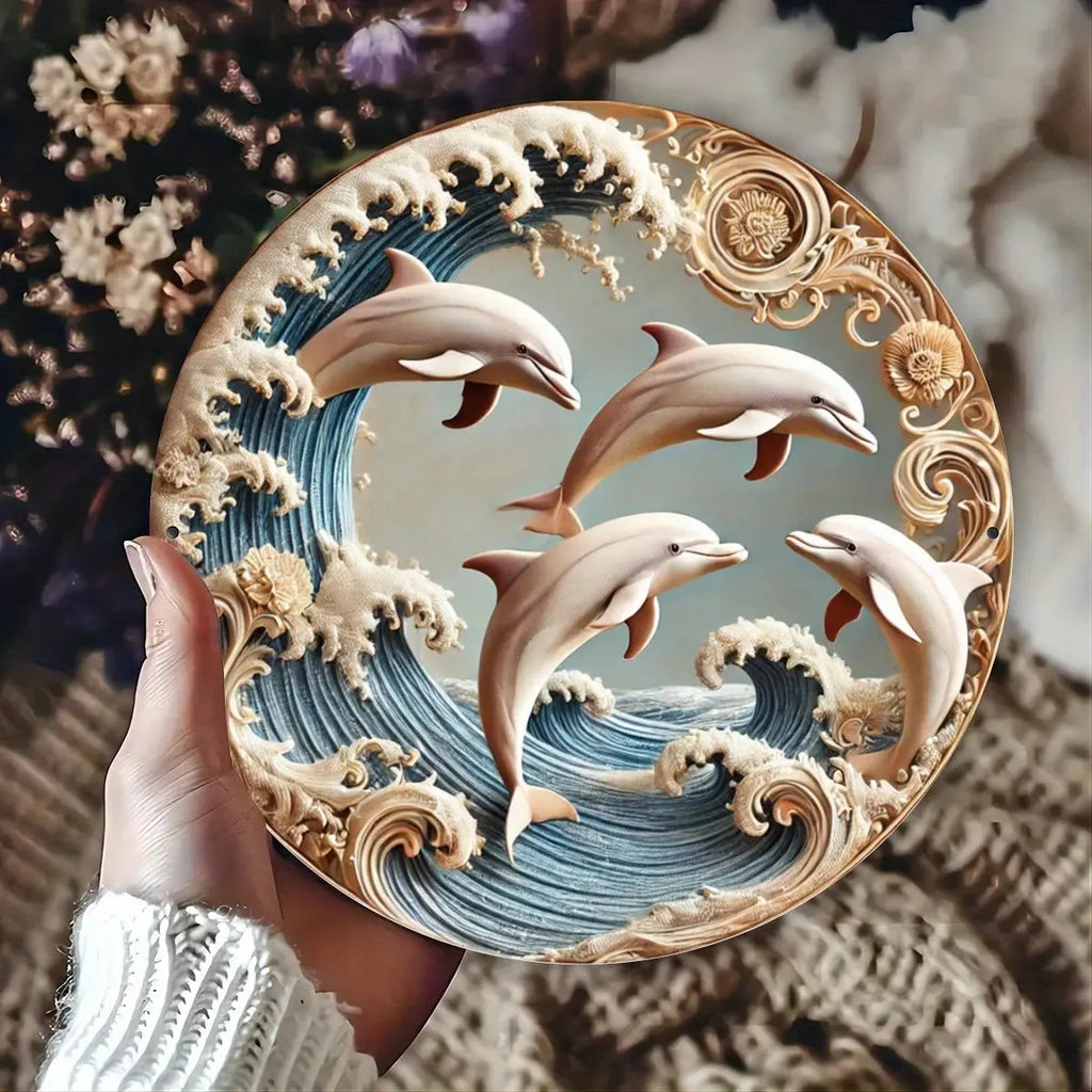 2D Wooden Disc Dolphin Underwater Theme Sign 8 Inch Design Decorative Art Durable Wall Plaque Bedroom Office Cafe Bar Mayra and Company