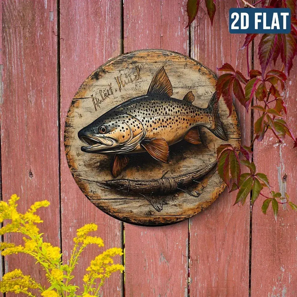 2D Flat, Vintage Fishing Metal Wall Decor - Brown Trout Fish Art - Waterproof & Dustproof Aluminum Sign - Easy to Hang Mayra and Company