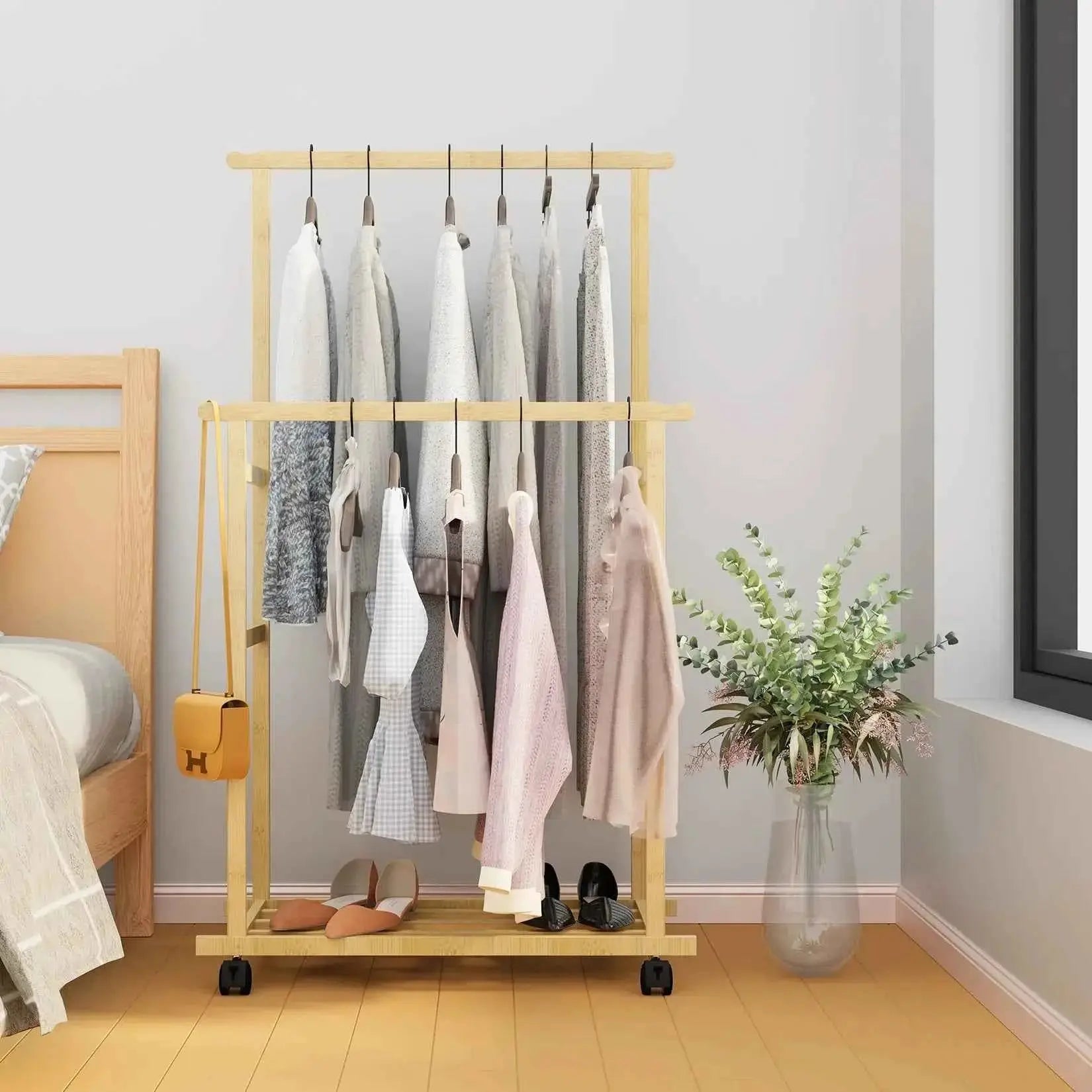 Bamboo Clothes Rail Rack Double Hanging Rails Clothes Rack on Wheels Free Standing Garment Rack with Storage Shelves Coat Rack