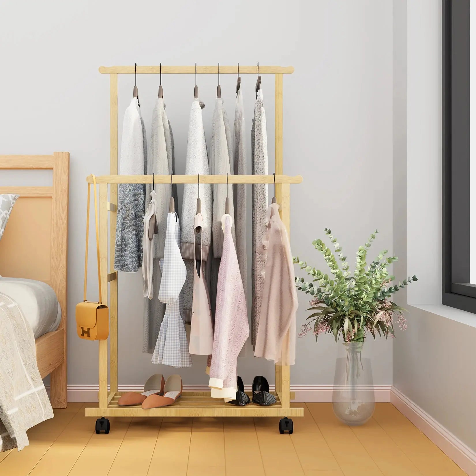 Bamboo Clothes Rail Rack Double Hanging Rails Clothes Rack on Wheels Free Standing Garment Rack with Storage Shelves Coat Rack Mayra and Company