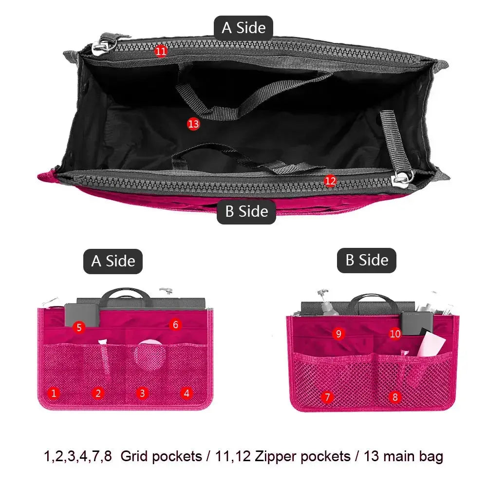 Women Cosmetic Organizer Bag Nylon Travel Insert Organizer Handbag Foldable Large Capacity Insert Bag Liner Makeup Tote Mayra and Company