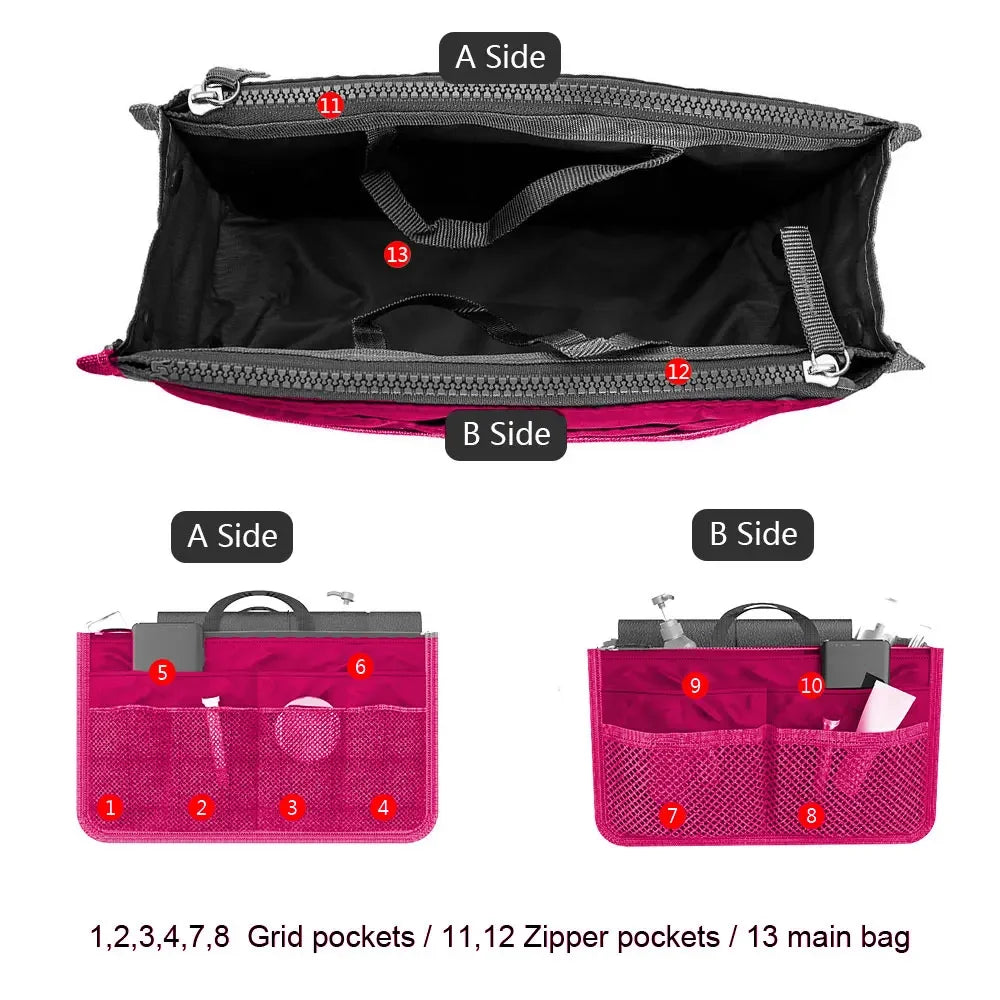 Women Cosmetic Organizer Bag Nylon Travel Insert Organizer Handbag Foldable Large Capacity Insert Bag Liner Makeup Tote Mayra and Company