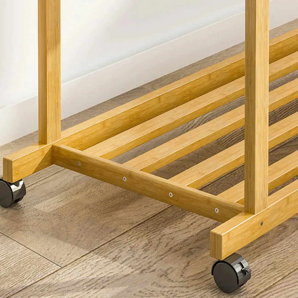 Bamboo Clothes Rail Rack Double Hanging Rails Clothes Rack on Wheels Free Standing Garment Rack with Storage Shelves Coat Rack Mayra and Company