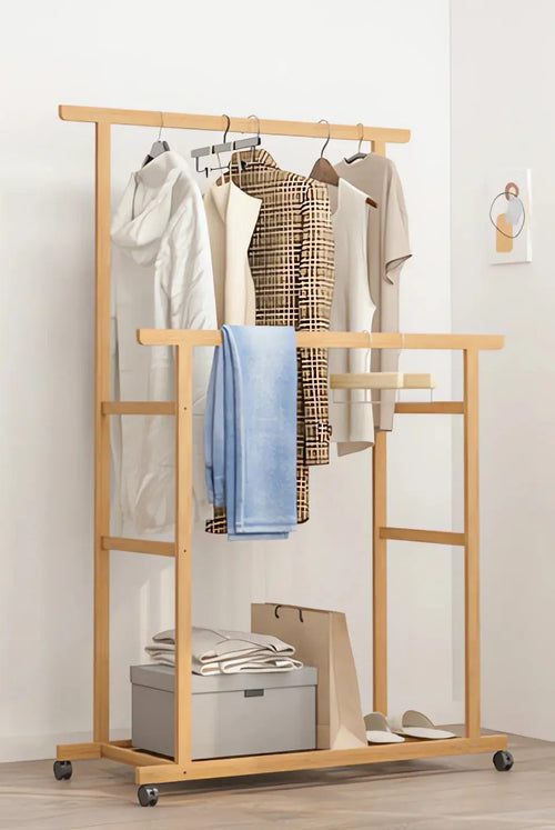 Bamboo Clothes Rail Rack Double Hanging Rails Clothes Rack on Wheels Free Standing Garment Rack with Storage Shelves Coat Rack Mayra and Company