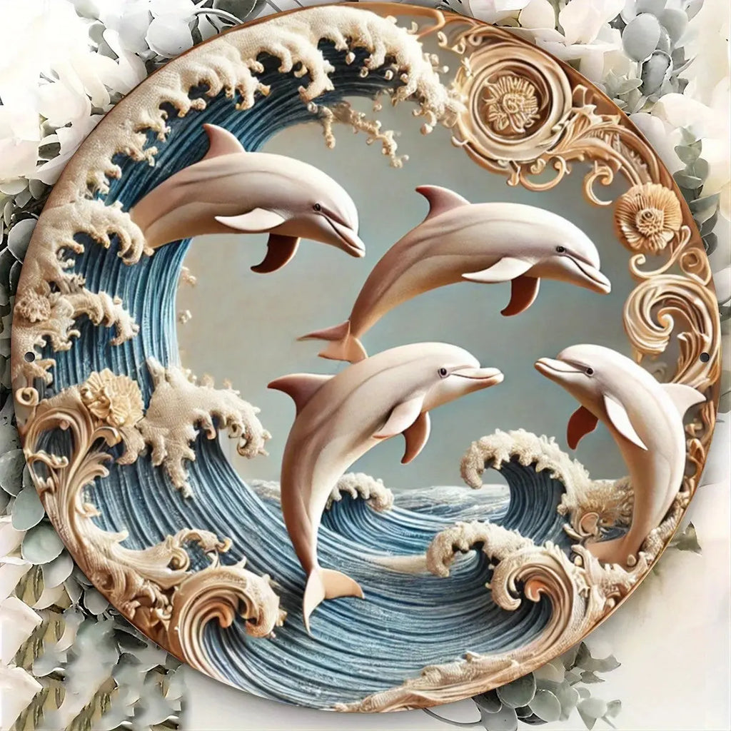 2D Wooden Disc Dolphin Underwater Theme Sign 8 Inch Design Decorative Art Durable Wall Plaque Bedroom Office Cafe Bar Mayra and Company