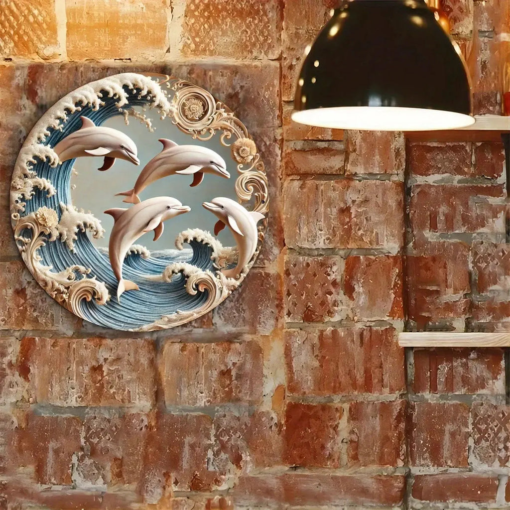 2D Wooden Disc Dolphin Underwater Theme Sign 8 Inch Design Decorative Art Durable Wall Plaque Bedroom Office Cafe Bar Mayra and Company