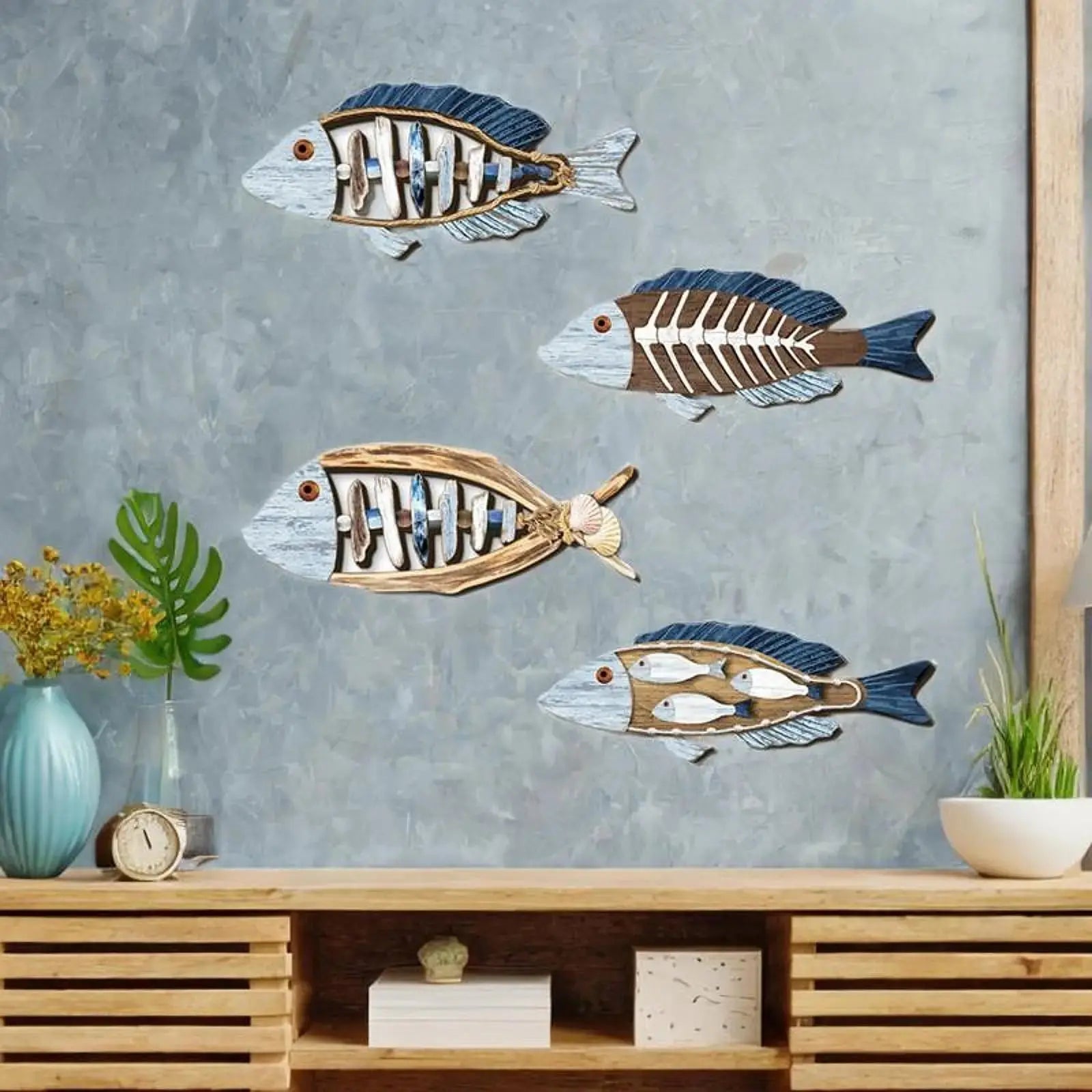 4 Pieces Fish Nautical Wall Decor Ornaments for Bathroom Indoor Lake House Wooden Fish Wall Decor Bathroom Bedroom Gifts 11” Mayra and Company