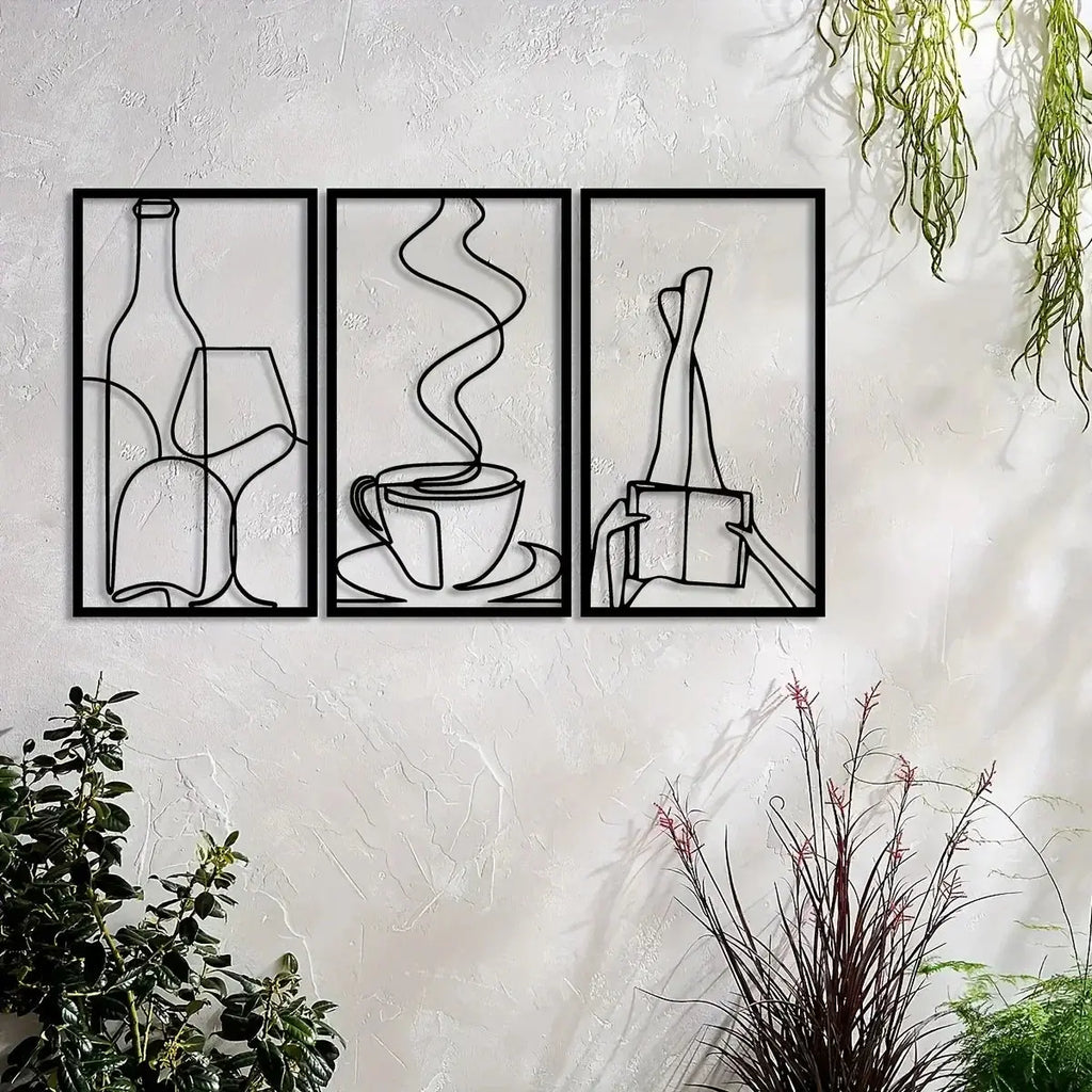 3-Piece Bookish Metal Wall Art, Minimalist Line Art for Reading & Coffee Lovers，Coffee Lover Minimalist Wall Art Mayra and Company