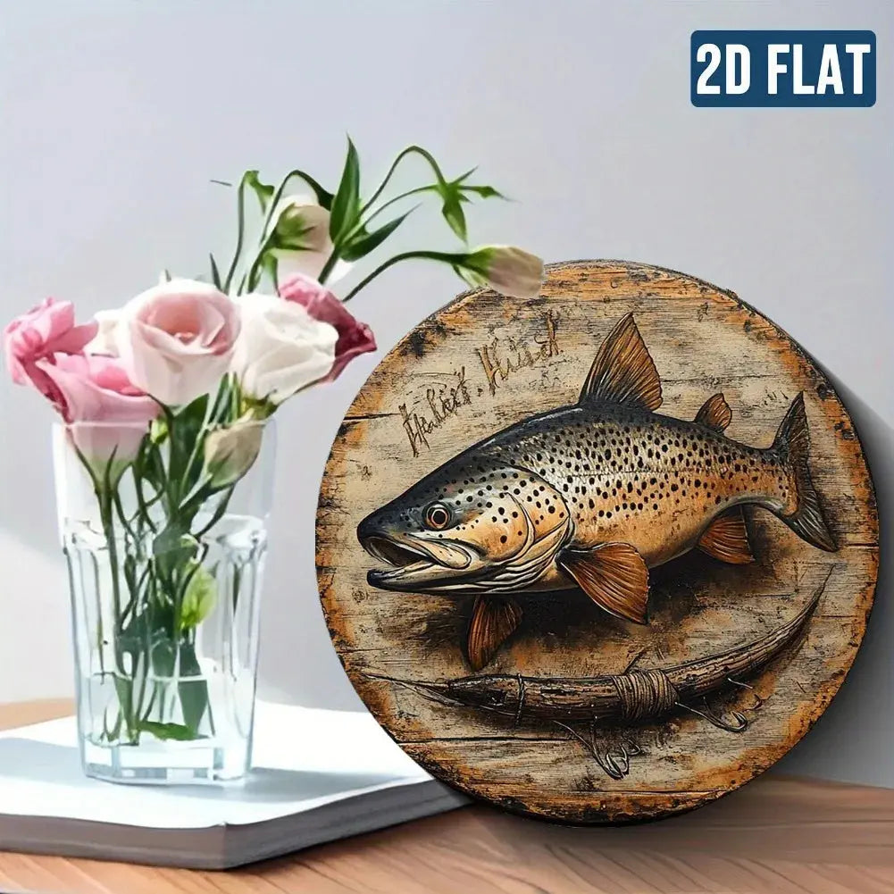 2D Flat, Vintage Fishing Metal Wall Decor - Brown Trout Fish Art - Waterproof & Dustproof Aluminum Sign - Easy to Hang Mayra and Company