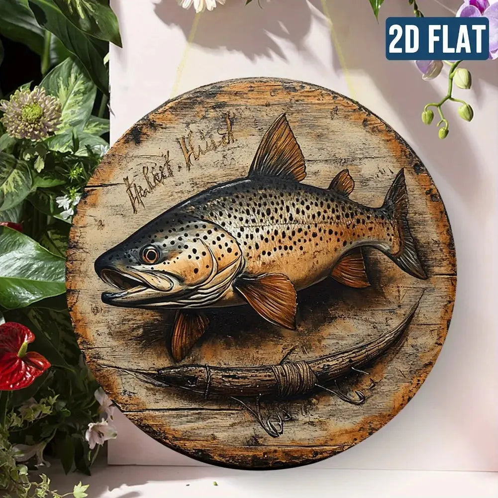 2D Flat, Vintage Fishing Metal Wall Decor - Brown Trout Fish Art - Waterproof & Dustproof Aluminum Sign - Easy to Hang Mayra and Company