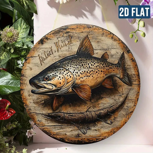 2D Flat, Vintage Fishing Metal Wall Decor - Brown Trout Fish Art - Waterproof & Dustproof Aluminum Sign - Easy to Hang Mayra and Company