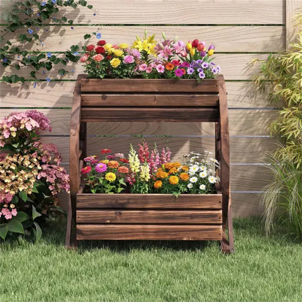 2-Tier Vertical Raised Garden Bed, Burned Finish Semi-Wheel Decorative Planter Mayra and Company