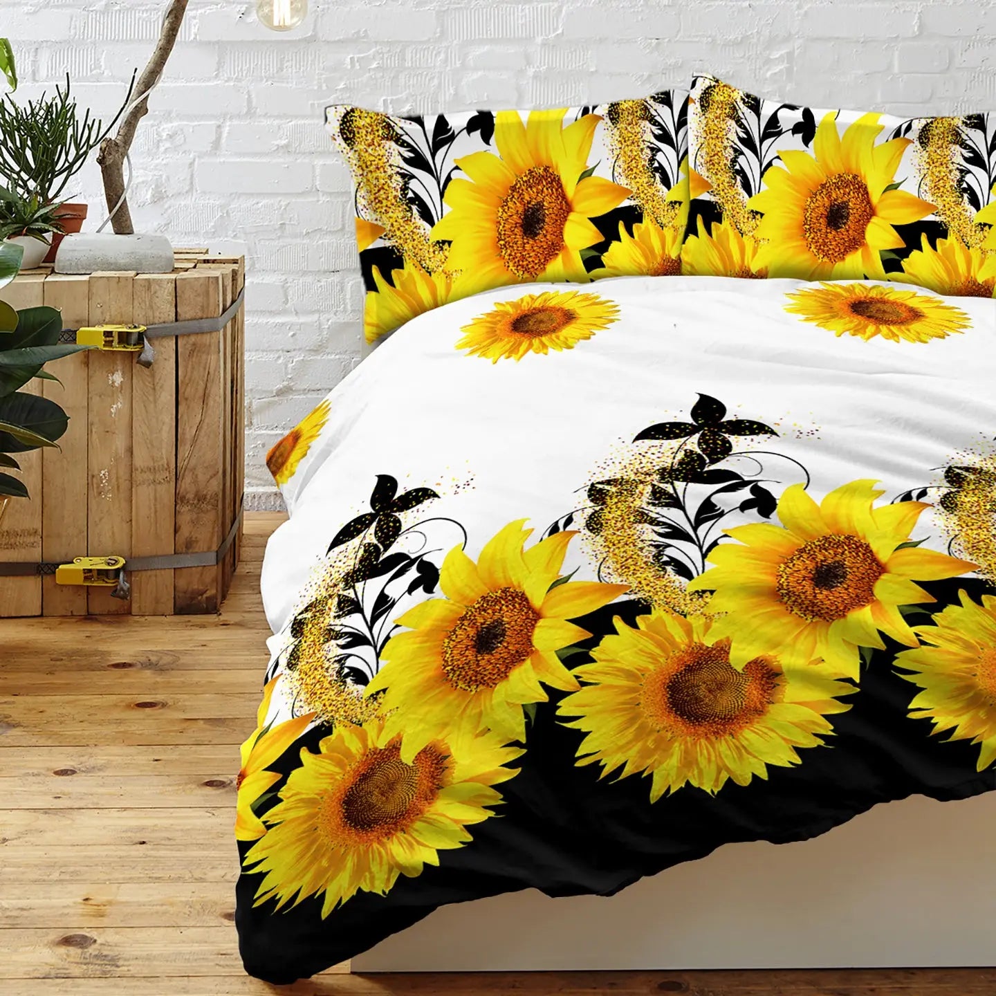 3 Pieces Black And White Background Sunflower Duvet Cover Set Yellow Flower Polyester Bedding Set For Adults Bedroom Decor Twin Full Queen King Size Mayra and Company