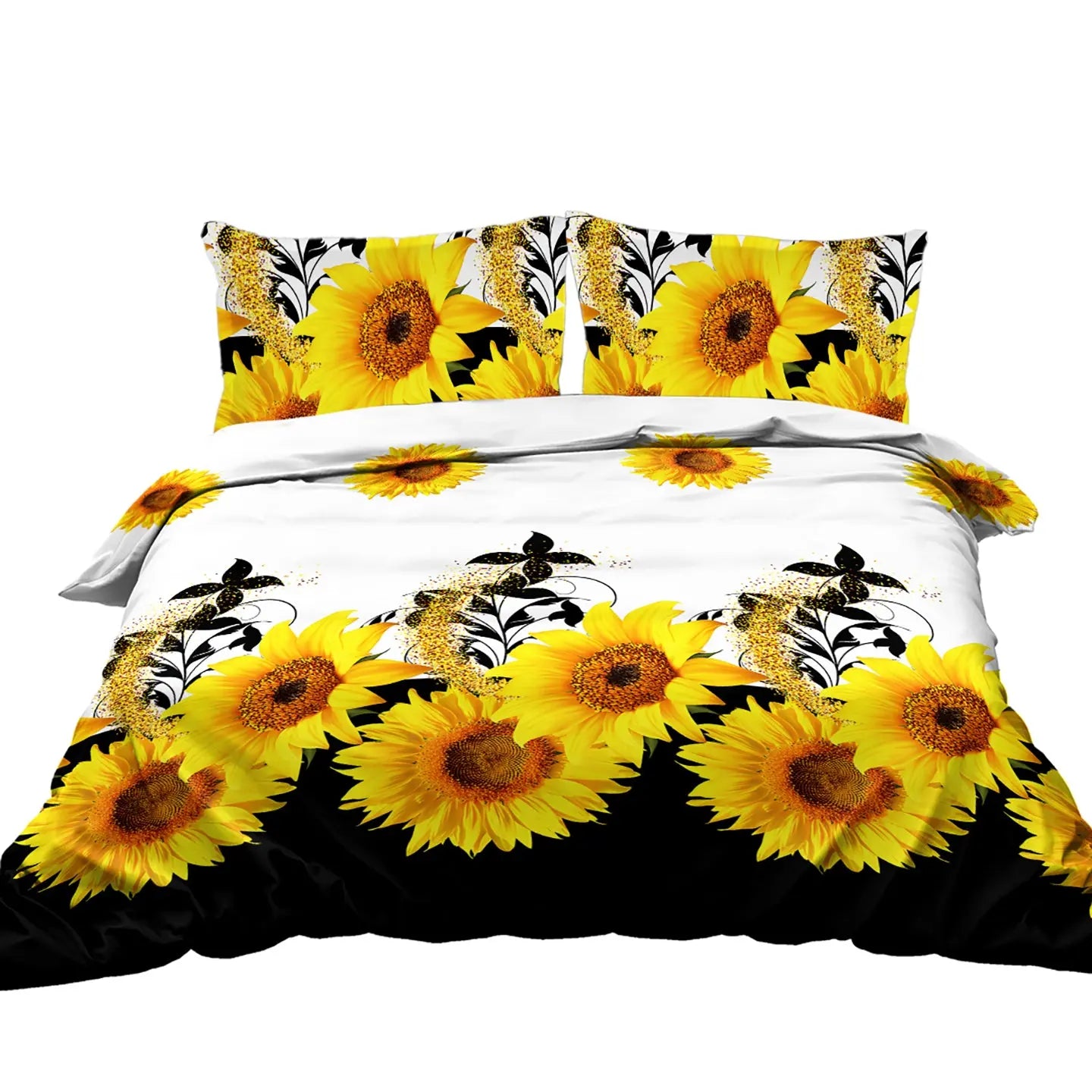 3 Pieces Black And White Background Sunflower Duvet Cover Set Yellow Flower Polyester Bedding Set For Adults Bedroom Decor Twin Full Queen King Size Mayra and Company