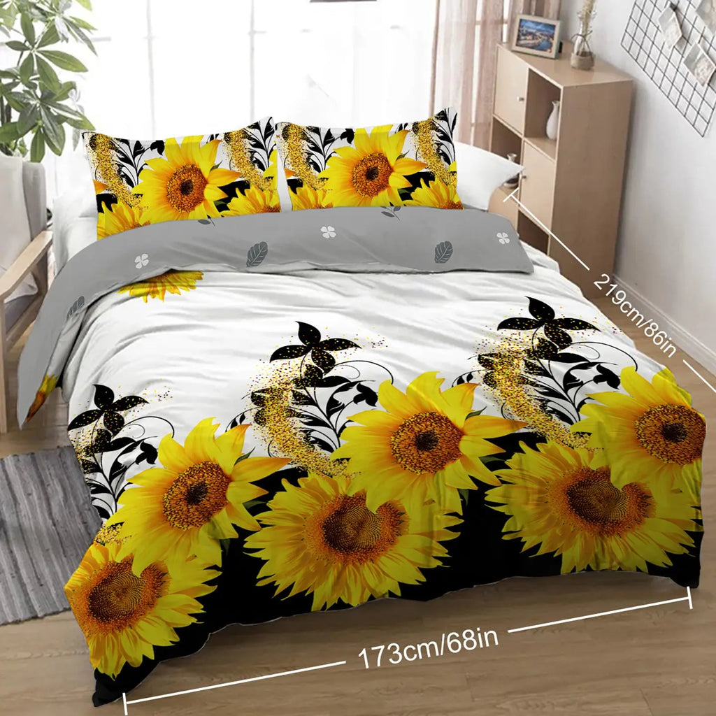3 Pieces Black And White Background Sunflower Duvet Cover Set Yellow Flower Polyester Bedding Set For Adults Bedroom Decor Twin Full Queen King Size Mayra and Company