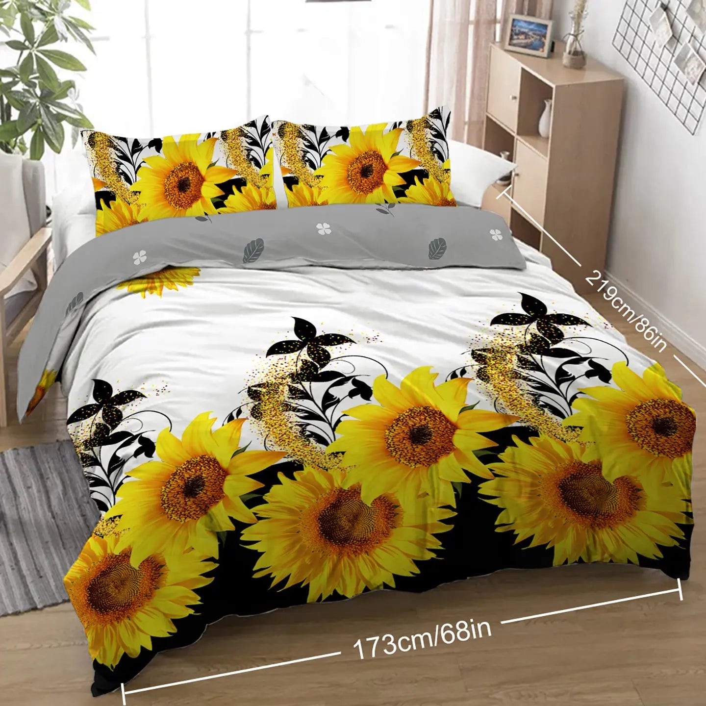 3 Pieces Black And White Background Sunflower Duvet Cover Set Yellow Flower Polyester Bedding Set For Adults Bedroom Decor Twin Full Queen King Size Mayra and Company