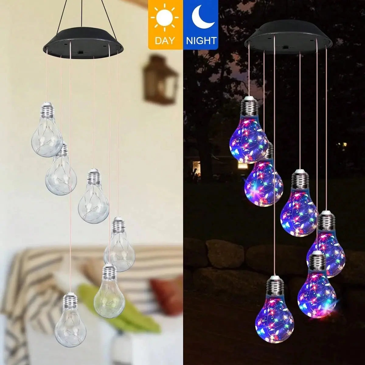 Set of 2 Colorful LED Solar Wind Chimes 21.6inch Light Bulb Shape Mobile Hanging Wind Chime Outdoor Waterproof Decorative Solar Powered Lights For Porch Deck Garden Patio Balcony Decor Mayra and Company