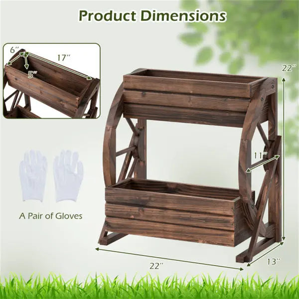2-Tier Vertical Raised Garden Bed, Burned Finish Semi-Wheel Decorative Planter Mayra and Company