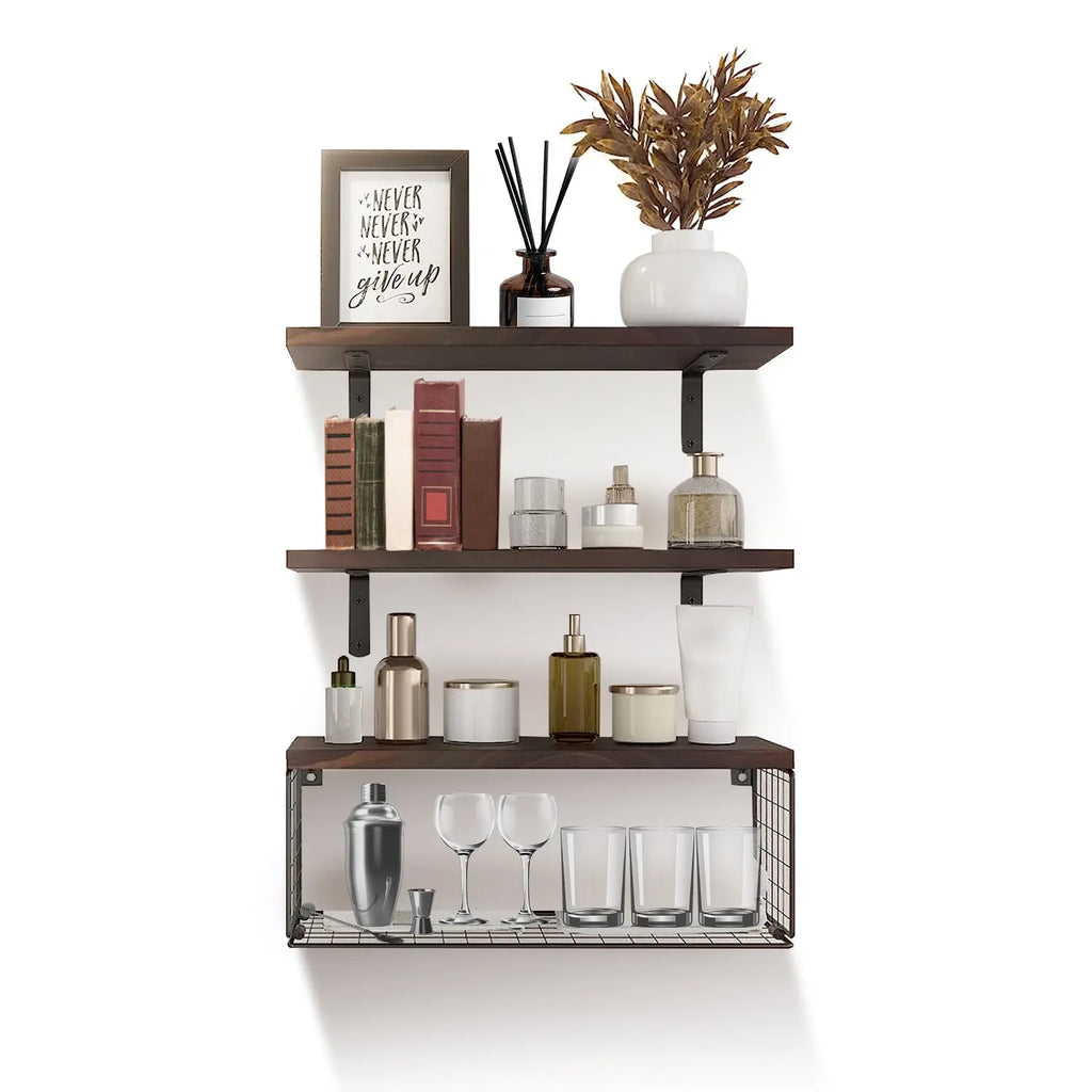 2 In 1 Floating Shelves Wall Mounted With Storage Basket Bathroom Shelves Over Toilet Wooden Shelves For Bedroom Living Room Kitchen Office Wall Decor Plants Mayra and Company