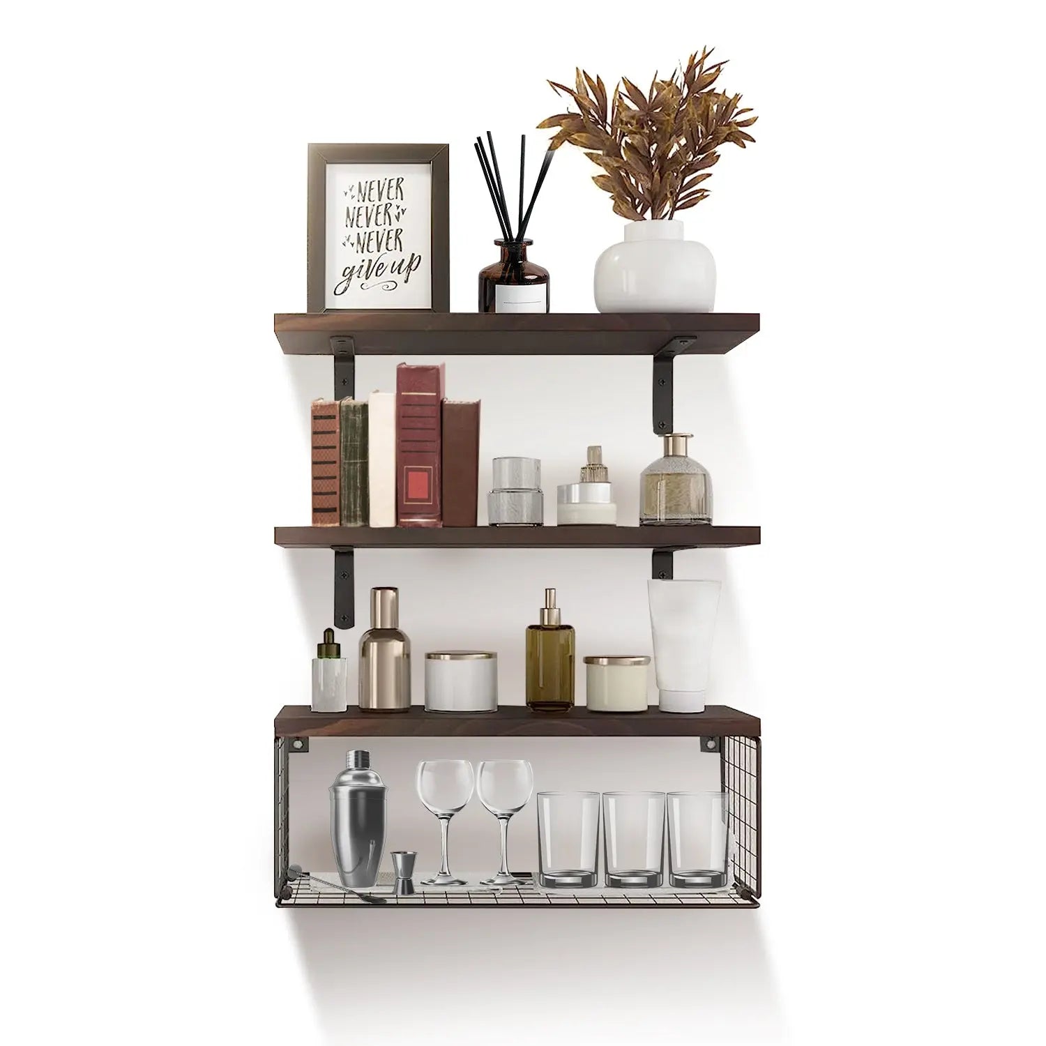 2 In 1 Floating Shelves Wall Mounted With Storage Basket Bathroom Shelves Over Toilet Wooden Shelves For Bedroom Living Room Kitchen Office Wall Decor Plants Mayra and Company