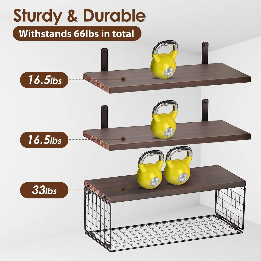 2 In 1 Floating Shelves Wall Mounted With Storage Basket Bathroom Shelves Over Toilet Wooden Shelves For Bedroom Living Room Kitchen Office Wall Decor Plants Mayra and Company