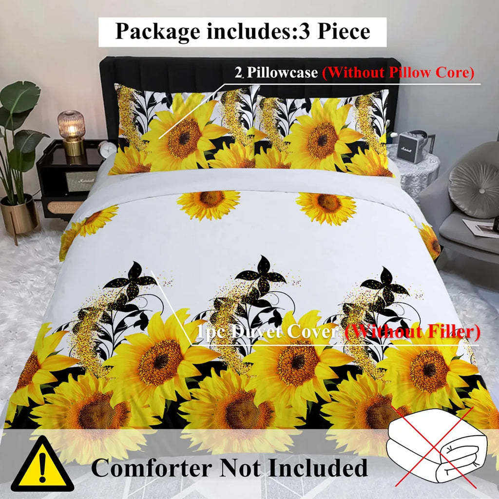 3 Pieces Black And White Background Sunflower Duvet Cover Set Yellow Flower Polyester Bedding Set For Adults Bedroom Decor Twin Full Queen King Size Mayra and Company