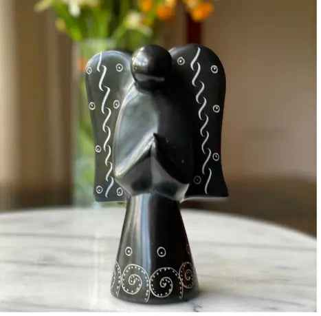 Soapstone Angel Sculpture-Black Finish With Etch Design