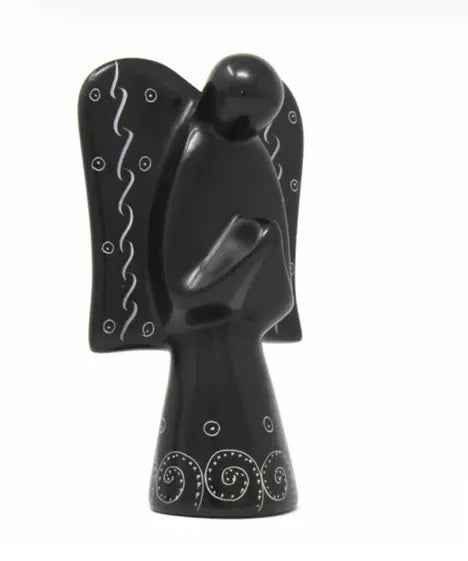Soapstone Angel Sculpture-Black Finish With Etch Design