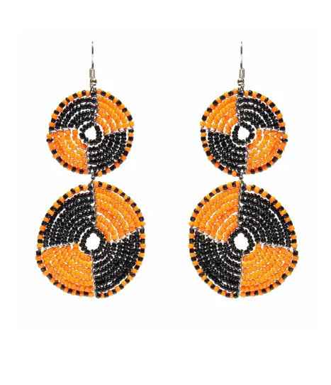 Maasai Bead Double Circle Dangle Earrings,Mango Orange and Black