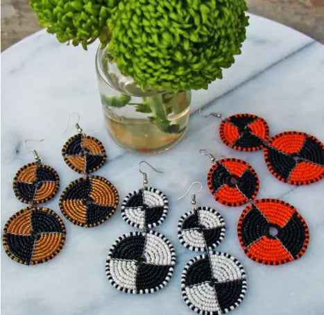 Maasai Bead Double Circle Dangle Earrings,Mango Orange and Black