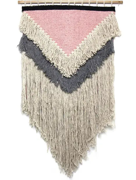 Handwoven Boho Wall Hanging, Pink With Cream Fringe Global Groove