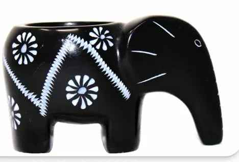 Elephant Soapstone Tea Light - Black Finish With Etch Design